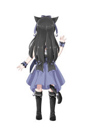 Rule 34 | 1girl, absurdres, animal ears, back, bell, black hair, book, boots, bow, cat ears, cat tail, dress, female focus, from behind, gothic lolita, hair bow, hair ribbon, highres, lolita fashion, long hair, neko kizuna, original, ribbon, simple background, solo, standing, tachi-e, tail, thigh boots, thighhighs, white background