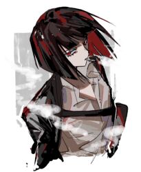 Rule 34 | 1girl, arere (k1m6wv), black hair, black jacket, cigarette, closed mouth, collared shirt, colored inner hair, jacket, jacket on shoulders, limbus company, looking at viewer, multicolored hair, project moon, red hair, ryoshu (project moon), shirt, short hair, simple background, smoke, smoking, solo, upper body, white background, white shirt