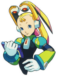 Rule 34 | 1girl, android, blonde hair, blue eyes, bodysuit, capcom, drawing tablet, flat chest, gloves, hair ornament, hand on own hip, holding, light smile, long hair, looking at viewer, mega man (series), mega man x8, mega man x (series), official art, pallette (mega man), robot ears, simple background, smile, solo, twintails, upper body, white background, yoshikawa tatsuya