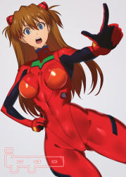 Rule 34 | 1girl, absurdres, blue eyes, bodysuit, breasts, brown hair, curvy, gloves, hand on own hip, highres, index finger raised, ippo, large breasts, long hair, looking at viewer, neon genesis evangelion, open mouth, plugsuit, pointing, red bodysuit, shiny clothes, signature, simple background, skin tight, souryuu asuka langley, tsundere, very long hair, wide hips
