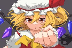 Rule 34 | 1girl, ascot, blonde hair, clenched hand, collared shirt, commentary request, flandre scarlet, grey background, hair between eyes, hat, ito (itokayu), looking at viewer, medium hair, mob cap, orange eyes, outstretched arm, parted lips, red vest, shirt, simple background, solo, touhou, upper body, vest, white mob cap, white shirt, wings, yellow ascot