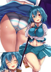 Rule 34 | 1girl, adapted costume, ass, bare legs, blue eyes, blue hair, blue panties, blue skirt, breast hold, breasts, closed eyes, commentary request, ebi 193, geta, hair between eyes, head tilt, heterochromia, holding, holding umbrella, juliet sleeves, large breasts, long sleeves, looking at viewer, midriff, miniskirt, multiple views, navel, open mouth, panties, pantyshot, puffy sleeves, red eyes, sandals, skirt, skirt set, smile, standing, standing on one leg, striped clothes, striped panties, tatara kogasa, thigh gap, touhou, umbrella, underwear, vest, wind, wind lift