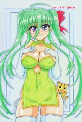 Rule 34 | 1girl, absurdres, asteion, blush, breasts, china dress, chinese clothes, cleavage, dress, einhard stratos, gh9000, green hair, heterochromia, highres, large breasts, long hair, looking at viewer, lyrical nanoha, mahou shoujo lyrical nanoha vivid, panties, side-tie panties, thighhighs, twintails, underwear, white thighhighs
