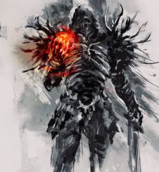 Rule 34 | 1other, armor, breastplate, dark souls (series), dark souls i, darkwraith (dark souls), full armor, hand up, highres, holding, holding sword, holding weapon, hood, hood up, pauldrons, red theme, shimhaq, shoulder armor, skeleton, skull, solo, standing, sword, weapon