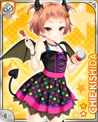Rule 34 | 1girl, black dress, bracelet, brown hair, can, candy, card, character name, costume, demon tail, demon wings, dress, food, girlfriend (kari), holding, horns, jack-o&#039;-lantern, jewelry, kishida chie, lollipop, necklace, official art, polka dot, qp:flapper, smile, solo, standing, tagme, tail, twintails, v-shaped eyebrows, wings, yellow background, yellow eyes