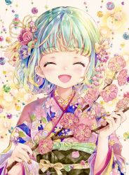 Rule 34 | 1girl, aqua hair, blush, bow, branch, bubble, cherry blossom print, cherry blossoms, commentary request, closed eyes, facing viewer, fingernails, floral print, flower, furisode, green nails, hair bow, hair flower, hair ornament, highres, holding, holding branch, japanese clothes, kanzashi, kimono, long fingernails, multicolored nails, nail polish, open mouth, original, painting (medium), petals, pink kimono, red nails, short hair, smile, solo, traditional media, upper body, watercolor (medium), yellow bow, yellow nails, yukoring