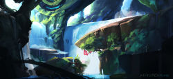 Rule 34 | bridge, bush, copyright name, flag, highres, liufang, made in abyss, no humans, outdoors, scenery, water, waterfall