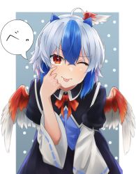 Rule 34 | 1girl, ;p, ahoge, akanbe, aqua background, bird wings, black dress, black skirt, blue hair, closed mouth, commentary request, dress, eyelid pull, finger to face, gunsou1350, head tilt, head wings, highres, horns, long sleeves, multicolored hair, one eye closed, polka dot, polka dot background, red eyes, red ribbon, red wings, ribbon, short hair, single head wing, skirt, solo, standing, tokiko (touhou), tongue, tongue out, touhou, two-tone hair, white hair, wings