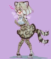 Rule 34 | 10s, animal ears, bad id, bad pixiv id, blush, bow, breath, cat ears, commentary request, fang, glasses, highres, kemono friends, margay (kemono friends), margay print, saliva, skirt, solo, tail, tail wagging, teranekosu, thighhighs, tiptoes
