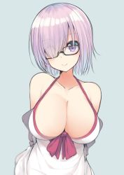 Rule 34 | 1girl, arms behind back, bare shoulders, blue background, blush, breasts, cleavage, collarbone, eyes visible through hair, fate/grand order, fate (series), glasses, hair over one eye, large breasts, looking at viewer, mash kyrielight, mash kyrielight (swimsuit of perpetual summer), miya ur, official alternate costume, one-piece swimsuit, purple eyes, purple hair, short hair, simple background, smile, solo, swimsuit, white one-piece swimsuit