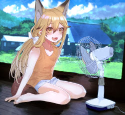 Rule 34 | 1girl, absurdres, animal ears, arm support, black hair, blush, bow, brown eyes, brown hair, collarbone, day, electric fan, ezo red fox (kemono friends), fang, fox ears, hair bow, highres, kemono friends, long hair, looking at viewer, multicolored hair, open mouth, ponta (matsuokazieg), sitting, sleeveless, smile, solo, two-tone hair, very long hair, wariza, white bow