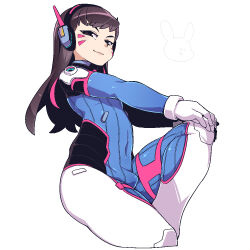 Rule 34 | 1boy, animal ears, blue bodysuit, bodysuit, brown eyes, brown hair, bulge, closed mouth, commentary request, covered navel, cropped legs, d.va (overwatch), facial mark, genderswap, genderswap (ftm), gloves, hands on own knee, headphones, jaggy lines, lips, long hair, long sleeves, looking at viewer, omiya (louise-louis-lucille), outstretched arms, overwatch, pilot suit, rabbit ears, simple background, solo, trap, whisker markings, white background, white gloves