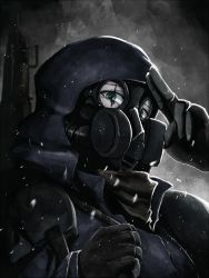Rule 34 | 1girl, androth, apocalypse, bolt action, cloak, crack, cracked glass, female focus, fingerless gloves, gas mask, gloves, gradient background, green eyes, gun, hood, hooded cloak, looking at viewer, m1903 springfield, mask, original, oxygen mask, post-apocalypse, rifle, salute, scar, scar across eye, scar on face, scarf, shoulder pads, simple background, snow, solo, two-finger salute, weapon