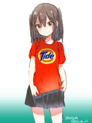 Rule 34 | 10s, 1girl, 2016, blush, brown eyes, brown hair, dated, gradient background, kantai collection, koruri, looking at viewer, print shirt, product placement, sendai (kancolle), shirt, shirt tug, sketch, skirt, smile, solo, t-shirt, tide (detergent), twitter username, two side up