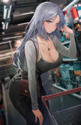 Rule 34 | 1girl, bag, black skirt, blue eyes, blurry, blurry background, braid, breasts, ceiling light, cleavage, contemporary, genshin impact, grey hair, hair down, hand on own thigh, hand up, handbag, highres, indoors, jewelry, kawa683, large breasts, leaning forward, long hair, looking at viewer, low-braided long hair, low-tied long hair, necklace, parted lips, shenhe (genshin impact), shopping, shopping cart, skirt, solo, supermarket, sweat, very long hair