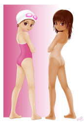Rule 34 | 1girl, acerbi, ass, barefoot, brown eyes, brown hair, competition school swimsuit, competition swimsuit, crossed arms, from behind, goggles, goggles on head, gradient background, highres, long hair, looking at viewer, looking back, nude, one-piece swimsuit, one-piece tan, open mouth, original, pink background, pink one-piece swimsuit, school swimsuit, short hair, solo, swim cap, swimsuit, tan, tanline, towel, wet, white headwear