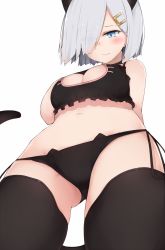 Rule 34 | 10s, 1girl, animal ears, bad proportions, bare arms, bare shoulders, black bra, black panties, black thighhighs, blue eyes, blush, bra, breasts, cat cutout, cat ears, cat lingerie, cat tail, cleavage, cleavage cutout, closed mouth, clothing cutout, cole (coleltu), from below, gluteal fold, hair ornament, hair over one eye, hairclip, hamakaze (kancolle), kantai collection, kemonomimi mode, large breasts, looking at viewer, looking down, meme attire, navel, panties, shiny skin, short hair, side-tie panties, silver hair, simple background, smile, solo, standing, stomach, tail, thighhighs, underwear, underwear only, white background
