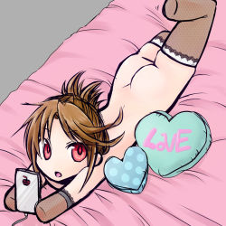 Rule 34 | 1girl, amputee, ass, bed, brown hair, cellphone, nude, phone, quadruple amputee, red eyes, rei (pixiv105582), smartphone, thighhighs