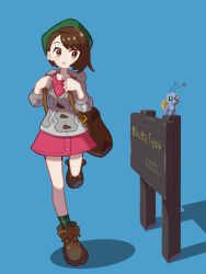 Rule 34 | 1girl, :o, backpack, bag, blue background, blush, bob cut, boots, brown bag, brown eyes, brown footwear, brown hair, buttons, cable knit, cardigan, collared dress, commentary request, creatures (company), dress, game freak, gimmighoul, gloria (pokemon), green headwear, green socks, grey cardigan, hands up, highres, holding strap, hooded cardigan, leg up, nintendo, pink dress, plaid socks, pokemon, pokemon (creature), pokemon swsh, rubyhoenn, short hair, sideways glance, sign, socks