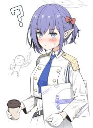Rule 34 | 1girl, ?, aoi (blue archive), doodle sensei (blue archive), belt, black gloves, blue archive, blue hair, blue necktie, blush, book, coffee cup, commentary request, cropped jacket, cup, disposable cup, gloves, halo, high-waist skirt, highres, holding, holding book, jacket, karikura (atatata71), mole, mole under eye, necktie, pointy ears, sensei (blue archive), short hair, side ponytail, skirt, white background, white gloves, white jacket