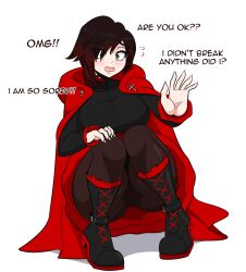 Rule 34 | 1girl, absurdres, black hair, blush, boots, breasts, cape, commentary, dress, english commentary, english text, gradient hair, grey eyes, highres, hood, kinathefox, medium breasts, multicolored hair, pantyhose, red cape, red hair, ruby rose, rwby, short hair, simple background, solo, squatting, thick thighs, thighs, two-tone hair, white background