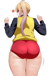 Rule 34 | 1girl, absurdres, anger vein, annoyed, ass, back, bare legs, black shirt, blonde hair, bloomers, buruma, cellulite, clenched hands, closed mouth, colored skin, cowboy shot, from behind, highres, huge ass, ikuchan kaoru, kawakami mai, legs, long hair, long sleeves, looking back, mole, mole on thigh, mole under eye, motion lines, multicolored skin, musaigen no phantom world, ponytail, purple eyes, shirt, side ponytail, simple background, solo, standing, thick thighs, thighs, underwear, white background