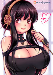 Rule 34 | 1girl, absurdres, breasts, cleavage, dagger, dress, earrings, gold earrings, gold hairband, hairband, heart, highres, holding, holding dagger, holding knife, holding weapon, jewelry, knife, large breasts, solo, spy x family, stiletto (weapon), sugarbell, two-sided dress, two-sided fabric, weapon, yor briar