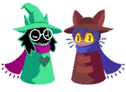 Rule 34 | 1boy, 1other, :3, animal ears, animal hat, bad id, bad tumblr id, cat hat, colored sclera, deltarune, frigadae, glasses, green headwear, hat, heart, heart print, looking at viewer, lowres, niko (oneshot), oneshot (game), pink scarf, pixel art, purple hair, purple scarf, ralsei, scarf, standing, transparent background, white-framed eyewear, yellow eyes, yellow sclera