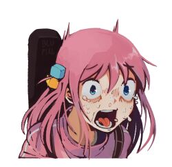 Rule 34 | 1girl, blue eyes, blupixl, bocchi the rock!, cube hair ornament, gotoh hitori, guitar case, hair ornament, highres, instrument case, long hair, looking at viewer, nervous sweating, one side up, open mouth, panicking, pink hair, pink track suit, simple background, solo, sweat, tearing up, teeth, tongue, white background, wide-eyed