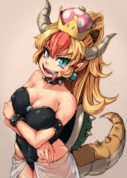 Rule 34 | 1girl, 4shi, armlet, bare shoulders, black legwear, black leotard, blue eyes, borrowed design, bowsette, bracelet, breasts, choker, covered erect nipples, crossed arms, fangs, highleg, highleg leotard, highres, horns, jewelry, leotard, looking at viewer, mario (series), multicolored hair, new super mario bros. u deluxe, nintendo, open mouth, shell, slit pupils, spiked armlet, spiked bracelet, spiked choker, spiked shell, spiked tail, spikes, super crown, tail, tongue, tongue out, two-tone hair