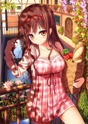Rule 34 | 1girl, apple, bag, baguette, bell pepper, blush, bow, bread, breasts, broccoli, brown hair, cardigan, collarbone, dress, eyelashes, flower, food, fruit, grocery bag, hair bow, hair ribbon, twirling hair, highres, lace, lace-trimmed dress, lace trim, large breasts, light smile, long hair, looking at viewer, nazu-na, original, pepper, ribbon, shopping bag, smile, solo, sweater, tareme, yellow eyes