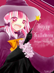 Rule 34 | 10s, 1girl, bad id, bad pixiv id, bow, copyright name, fujishiro otone, hair bow, happy halloween, hat, mikagura gakuen kumikyoku, multicolored hair, open mouth, pink hair, smile (violet), solo, twintails, two-tone hair, wand, white hair, witch hat
