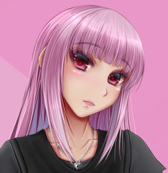 Rule 34 | 1girl, collarbone, hololive, hololive english, jewelry, locket, long hair, looking at viewer, mori calliope, necklace, oldlim, pendant, pink background, pink eyes, pink hair, shirt, solo, t-shirt, upper body, virtual youtuber