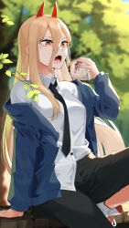 Rule 34 | 1girl, black necktie, black pants, blonde hair, blurry, blurry background, burger, chainsaw man, cross-shaped pupils, fangs, food, hair between eyes, highres, horns, long hair, looking at object, necktie, off shoulder, open mouth, pants, power (chainsaw man), red horns, sasoura, sharp teeth, shirt partially tucked in, solo, symbol-shaped pupils, teeth, tree, yellow eyes