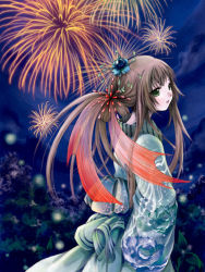 Rule 34 | 1girl, aerial fireworks, brown hair, fireworks, green eyes, hair ornament, japanese clothes, kaedena akino, miyabi akino, original, solo