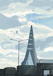 Rule 34 | bird, blurry, building, city, cloud, commentary request, corviknight, creatures (company), day, draw pann33, duraludon, fence, flying, from below, game freak, gen 8 pokemon, gigantamax, gigantamax duraludon, highres, lamppost, nintendo, outdoors, pokemon, pokemon (creature), sky, window