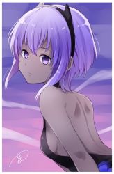 Rule 34 | 1girl, backless outfit, bad id, bad twitter id, bare arms, bare back, bare shoulders, breasts, dark-skinned female, dark skin, expressionless, fate/prototype, fate/prototype: fragments of blue and silver, fate (series), hassan of serenity (fate), headband, leaning forward, looking at viewer, looking back, purple eyes, purple hair, short hair, sideboob, signature, small breasts, solo, upper body, yukichi (eikichi)