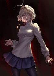 Rule 34 | 1girl, antenna hair, arcueid brunestud, black pantyhose, blonde hair, breasts, jewelry, lips, long sleeves, looking at viewer, medium breasts, melty blood, miniskirt, nail polish, necklace, pantyhose, parted lips, phamoz, pleated skirt, purple skirt, red eyes, short hair, simple background, skirt, smile, solo, sweater, tsukihime, tsukihime (remake), white sweater