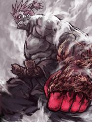 Rule 34 | 1boy, akuma (street fighter), belt, capcom, clenched hand, clenched teeth, fog, grey background, male focus, muscular, ponytail, rope, rope belt, sharp teeth, shu-mai, simple background, solo, spiked hair, street fighter, street fighter iv (series), teeth, white eyes