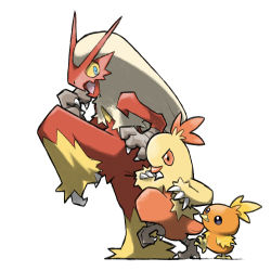 Rule 34 | beak, black eyes, blacknirrow, blaziken, blue eyes, bright pupils, claws, colored sclera, combusken, commentary, creatures (company), english commentary, evolutionary line, feathers, game freak, gen 3 pokemon, hand up, looking at another, nintendo, no humans, open mouth, orange eyes, pokemon, pokemon (creature), simple background, standing, standing on one leg, talons, torchic, white background, white pupils, wings, yellow sclera