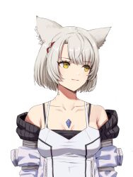 Rule 34 | 1girl, animal ear fluff, animal ears, braid, breasts, camisole, closed mouth, collarbone, commentary request, grey hair, highres, jacket, long sleeves, looking to the side, medium breasts, mio (xenoblade), off shoulder, open clothes, open jacket, parted bangs, puffy long sleeves, puffy sleeves, short hair, simple background, solo, upper body, white background, white camisole, white jacket, xenoblade chronicles (series), xenoblade chronicles 3, yamamori kinako, yellow eyes