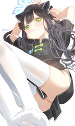 Rule 34 | 1girl, animal ears, artist name, ass, black dress, black hair, blue archive, blue halo, blush, closed mouth, commentary, dress, extra ears, green eyes, halo, haruri, highres, long hair, looking at viewer, short sleeves, shun (blue archive), shun (small) (blue archive), signature, simple background, smile, solo, thighhighs, white background, white thighhighs