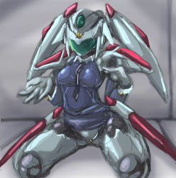 Rule 34 | 1girl, android, bad id, bad pixiv id, breasts, character request, humanoid robot, joints, kneeling, mechanical wings, necktie, robot, robot joints, sketch, solo, visor, wings, xelvy