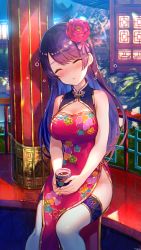 Rule 34 | 1girl, absurdres, bare arms, bare shoulders, blush, breasts, china dress, chinese clothes, cleavage, cleavage cutout, closed eyes, clothing cutout, criin (659503), cup, dress, facing viewer, floral print, flower, girl cafe gun, gold trim, hair flower, hair ornament, highres, holding, holding cup, huge filesize, large breasts, nose blush, official art, outdoors, parted lips, pelvic curtain, print dress, red dress, red flower, shi wuxia, sitting, sleeping, sleeveless, sleeveless dress, solo, thigh strap, thighs
