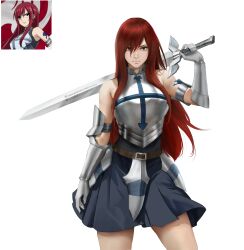 Rule 34 | 1girl, absurdres, arm tattoo, armor, armored dress, bare shoulders, belt, belt buckle, blue skirt, breastplate, brown eyes, buckle, closed mouth, cowboy shot, erza scarlet, eyelashes, fairy tail, frown, gauntlets, guard, hair over one eye, highres, holding, holding sword, holding weapon, jyundee, lips, long hair, looking at viewer, multiple views, over shoulder, pleated skirt, red hair, skirt, sword, sword over shoulder, tattoo, thighs, v-shaped eyebrows, vambraces, weapon, weapon over shoulder, white background