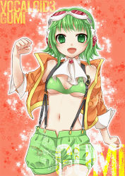 Rule 34 | 1girl, breasts, character name, cleavage, copyright name, female focus, goggles, goggles on head, green eyes, green hair, gumi, headphones, jacket, matching hair/eyes, medium breasts, gumi (v3 megpoid), midriff, nail polish, navel, open mouth, red-tinted eyewear, short hair, shorts, smile, solo, suspenders, tinted eyewear, underboob, vocaloid, yayoi (egoistic realism)