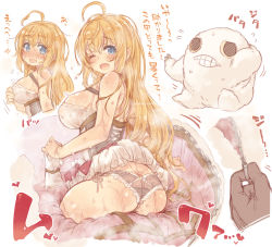 Rule 34 | 7010, ass, blue eyes, breasts, butt crack, cosplay, duplicate, gloves, large breasts, long hair, messy hair, orange hair, pecorine (princess connect!), princess connect!, simple background, sweat, translation request, unworn gloves, white background