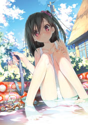 Rule 34 | 1girl, :o, barefoot, black hair, blush, brown eyes, bush, cameltoe, cloud, cloudy sky, day, feet, hair ornament, hair scrunchie, hose, house, kantoku, long hair, one-piece swimsuit, one side up, original, parted lips, partially submerged, pool, school swimsuit, scrunchie, shizuku (kantoku), sitting, sky, solo, swimsuit, toes, utility pole, wading, wading pool, water, wet, white school swimsuit, white one-piece swimsuit
