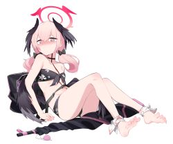 Rule 34 | 1girl, absurdres, bag, bare arms, bare legs, bare shoulders, barefoot, bikini, black bikini, black bow, black wings, blue archive, blush, bow, closed mouth, collarbone, feathered wings, floral print, hair bow, head wings, highres, koharu (blue archive), koharu (swimsuit) (blue archive), long hair, low wings, official alternate costume, pink eyes, pink hair, solo, swimsuit, wako (1194433260), wings