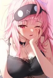 Rule 34 | 1girl, arm under breasts, backlighting, black choker, black nightgown, blunt bangs, breasts, choker, collarbone, drooling, eye mask, fingernails, half-closed eye, hand on own face, highres, hololive, hololive english, huhi (huhi 1211), large breasts, long hair, looking at viewer, messy hair, mori calliope, mori calliope (sleepwear), nightgown, one eye closed, pink eyes, pink hair, pink nails, saliva, see-through, upper body, virtual youtuber, waking up